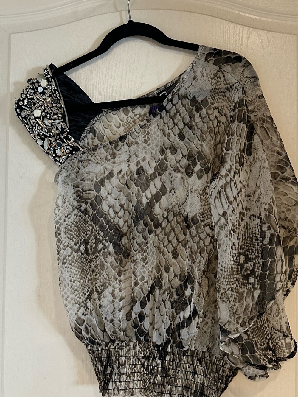 MIMI & COCO Neutral Snake Print One-Shoulder Top with Beaded Detail